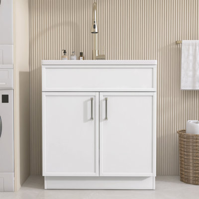 30" W x 21" D x 33" H Bathroom Vanity Cabinet Freestanding Vanity Base with Soft Close Doors White Finish Brushed Nickel Hardware Modern Bathroom Storage Cabinet