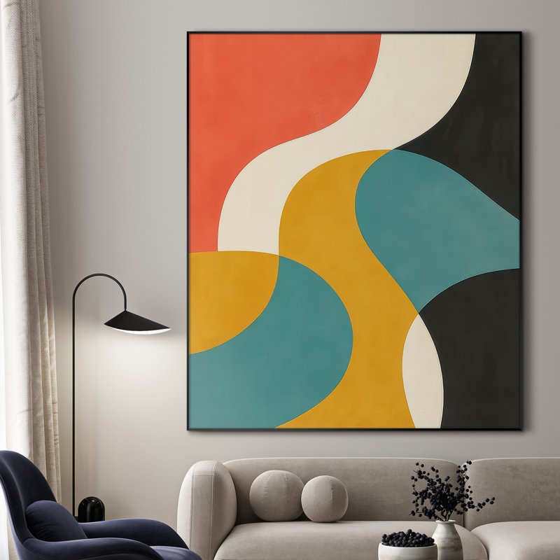 Très grande reproduction d'art sur toile - Motif géométrique incurvé rétro de couleur bleu sarcelle et moutarde pour le salon ou la chambre à coucher - «Assemblage requis du cadre (cadre non fini)»