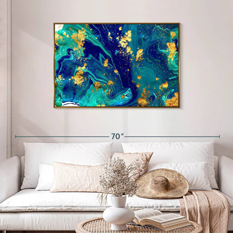 Écoulement de marbre Keera, Cadre flottant doré, 43 po x 29 po
