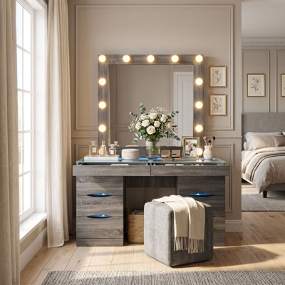62.37" Large Makeup Vanity Table Set Hollywood Mirror with Dimmable Bulbs LED Light‑Up Drawer Handles Tempered Glass Top Grey Wood Grain Dressing Table with Upholstered Stool for Bedroom