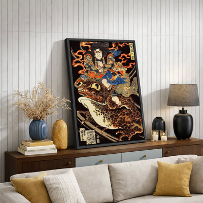 Samurai Warrior Riding Giant Toad Artwork, Vintage Japanese Myth Pictures, Framed Canvas Giclee Print Wall Art