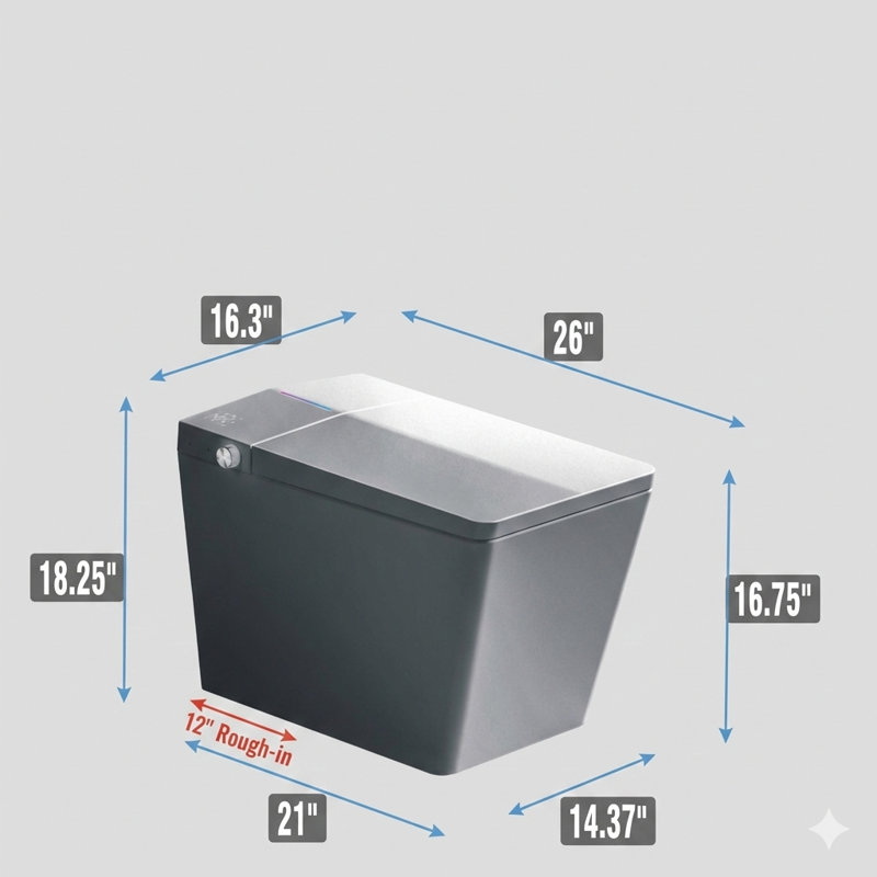 Square-shaped smart toilet with a concealed tank for bathroom use, includes remote control, tankless bidet functions with foot-touch lid opening, automatic flushing, heated seat, LED digital display, and user memory settings, in matte grey.