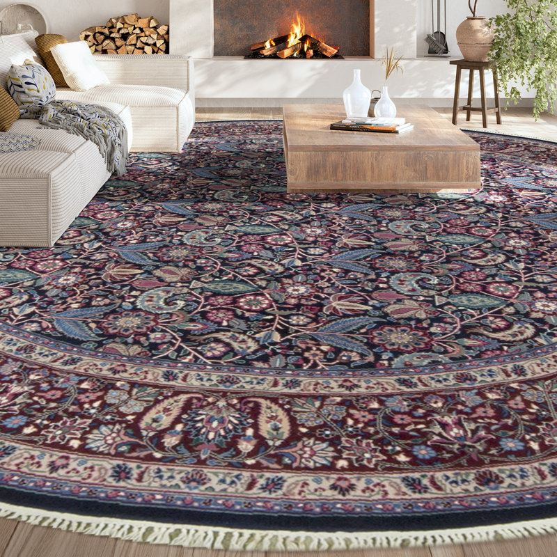 Tapis bleu marine et vin noué à la main de haute qualité