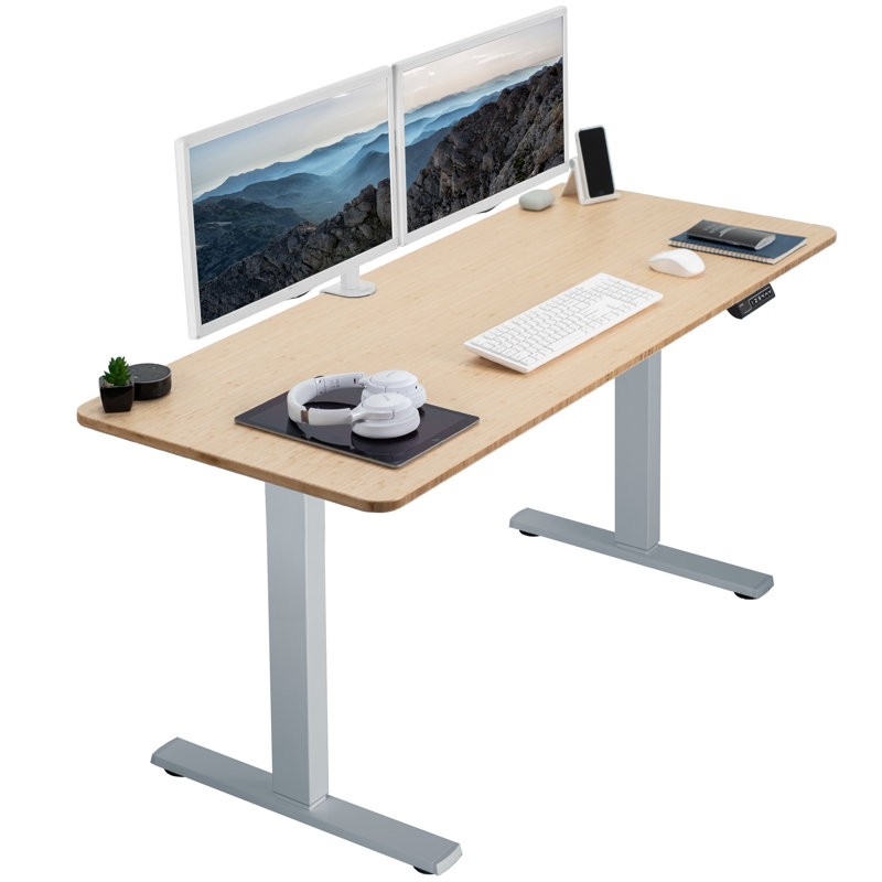 VIVO Single Motor Electric Desk with Push Button Memory Controller, Bamboo/Gray, 48.5" H x 60" W x 24" D