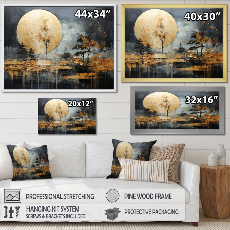 «Gold Grey Golden Gleam I - Abstract Collages», reproduction sur toile, Cadre flottant doré, H 16 po x l 32 po x P 1 po