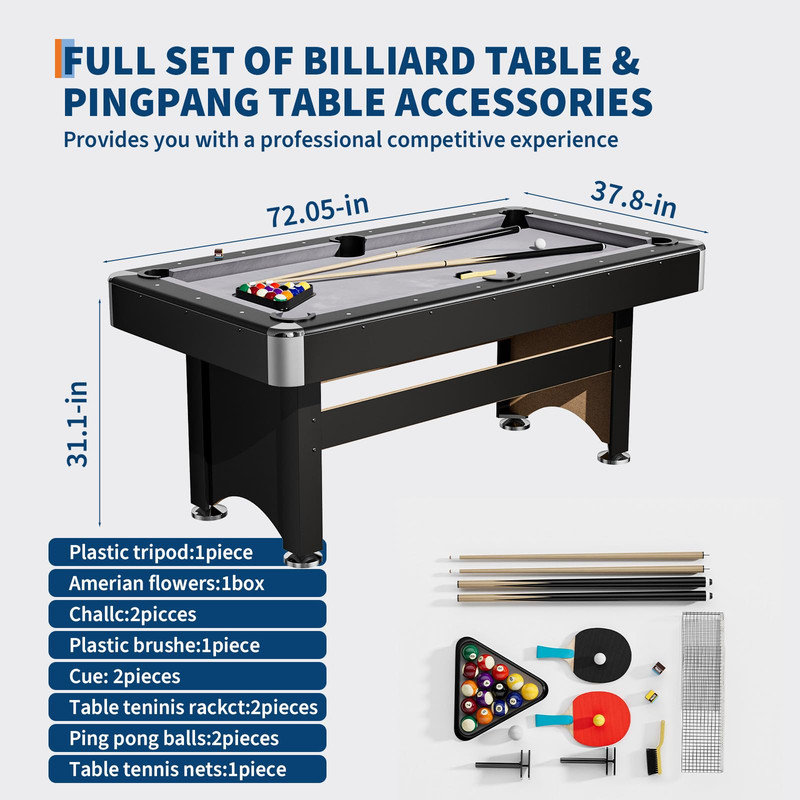 Table combinée 6 pi - Jeu de billard et de ping-pong pour les salles de loisirs, construction stable, Grey