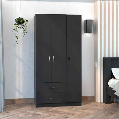 Armoire 3 portes avec tiroirs, tablettes et tringle de suspension - Blanc