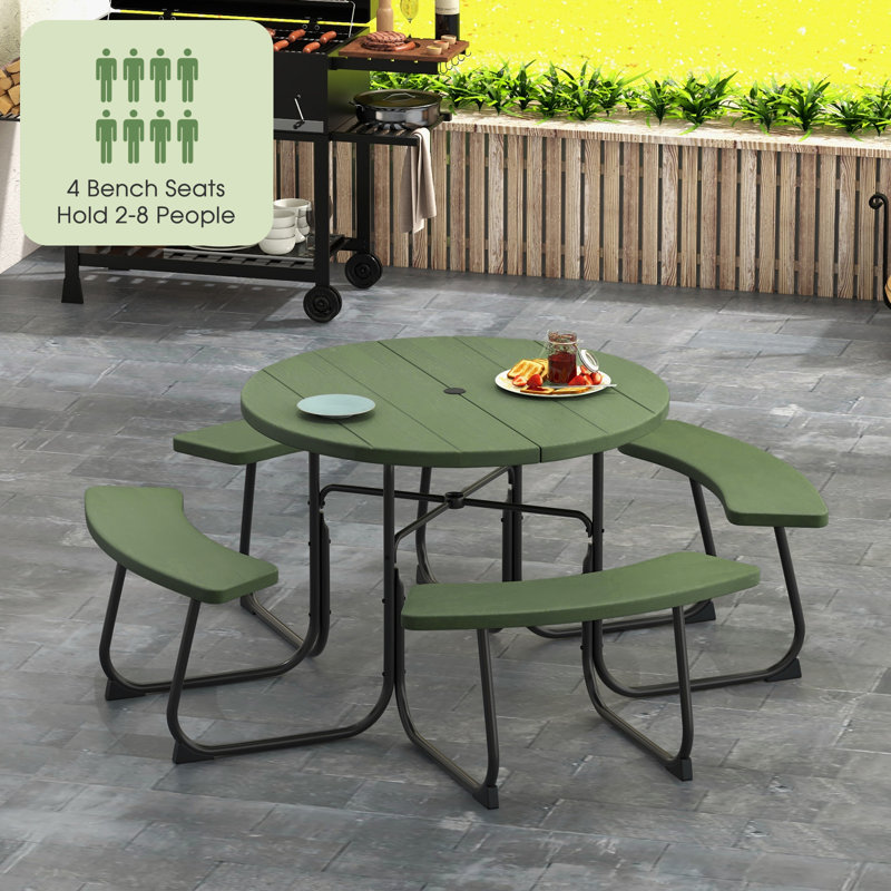 Outdoor Picnic Table Portable Picnic Table Bench w/ 4 Benches & Umbrella Hole Green, Green