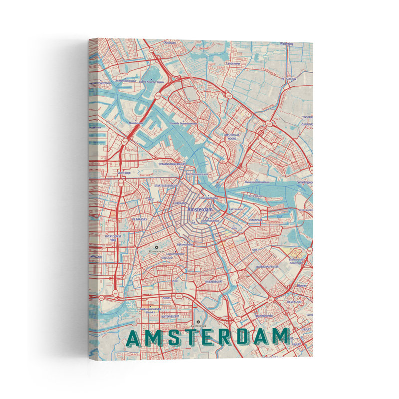 Carte stylisée d'Amsterdam - Affiche murale rétro vintage, H 60 po x l 40 po