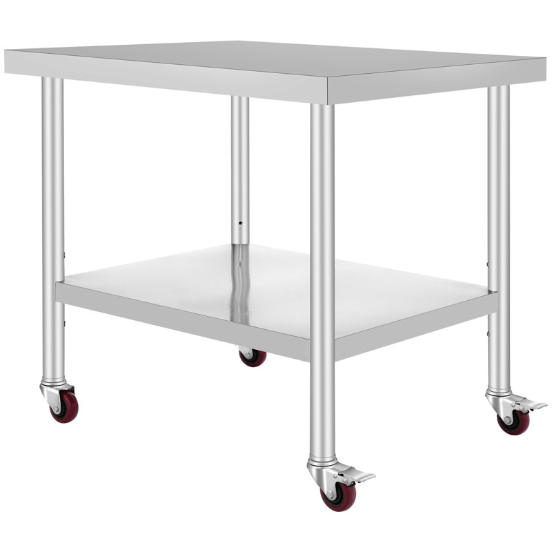 Table de travail 30 po x 36 po x 34 po en acier inoxydable avec tablette réglable à 3 niveaux avec 4 roulettes