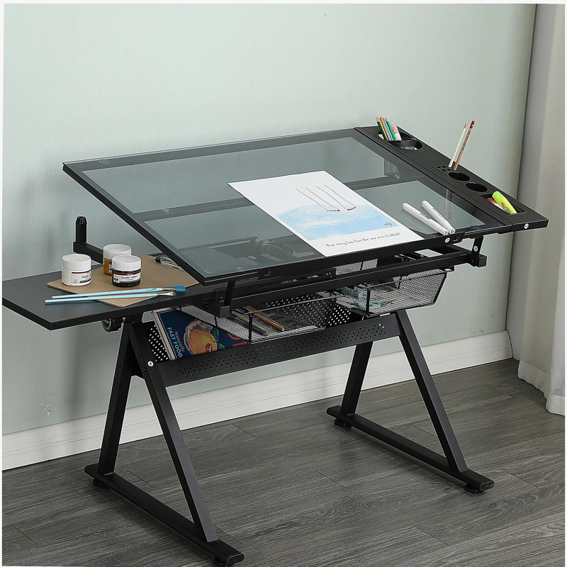 Table à dessin, table d'artiste à plateau en verre réglable à 0-75 ° - Bureau de dessin à hauteur réglable avec grand rangement pour la peinture et l'artisanat - idéal pour les designers et les étudiants en art (noir)