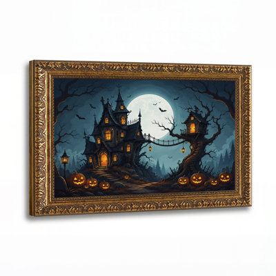 Haunted House And Treehouse With Pumpkins Under Halloween Canvas Wall Art