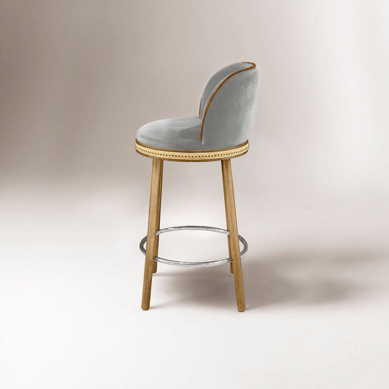 Alma Upholstered Stool with Solid Wood Frame, Satin Nickel, Counter Stool (27" Seat Height), Fog