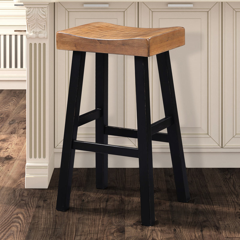 Tabouret en bois massif de 2 pièces, H 29 po transitionnel, siège en chêne / contour noir pour espace transitionnel de 29 po