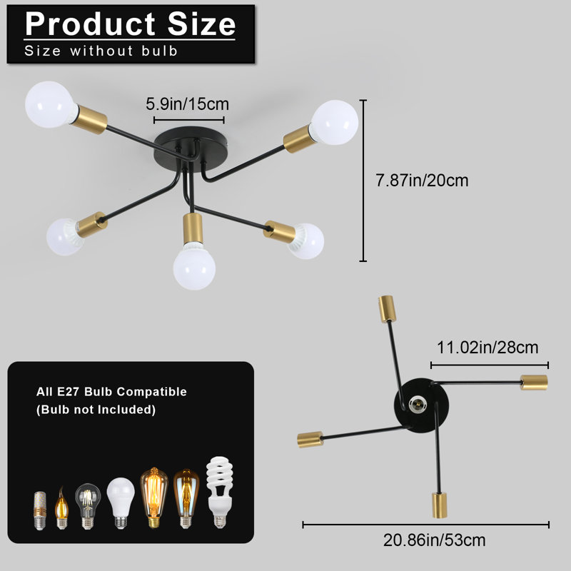 Olamon 5 - Light Dimmable Sputnik Sphere Semi Flush Mount, Black