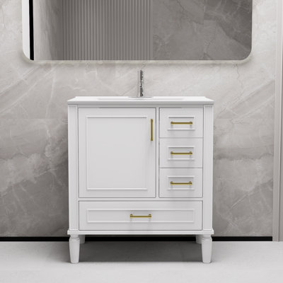 Ensemble de meuble-lavabo 30 po, à fixation au sol, avec trois tiroirs, avec de longues poignées en métal doré
