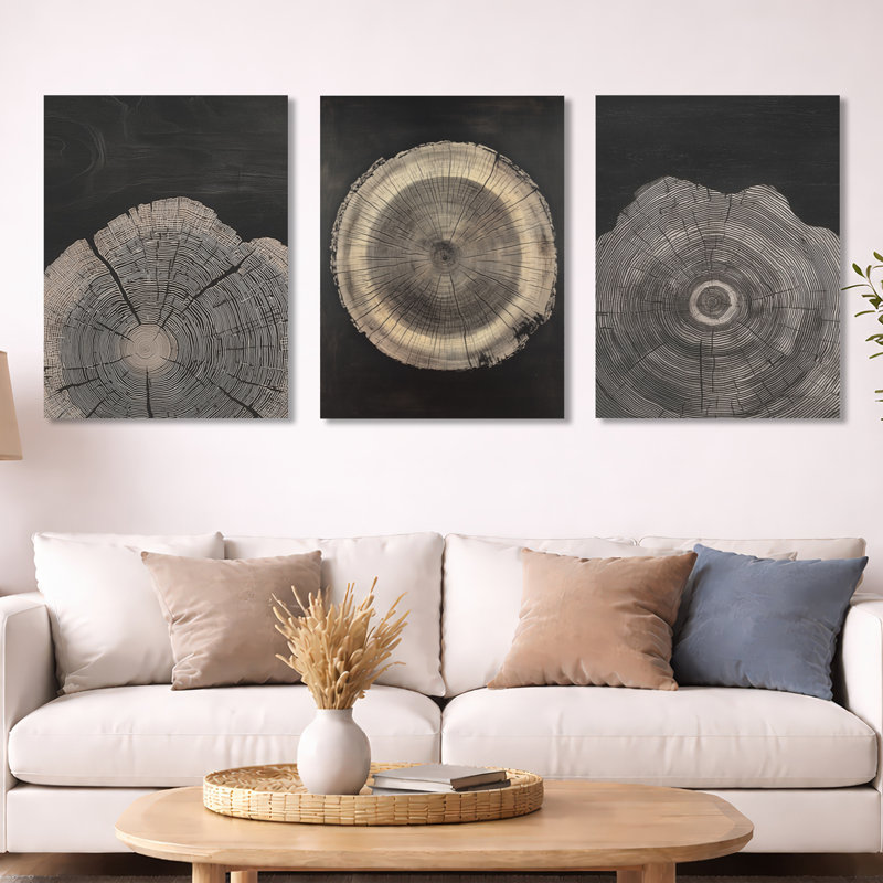 Spirale noire Rift sur glissade sur bois - arbres gris 3 panneaux muraux en métal, H 32 po x l 72 po