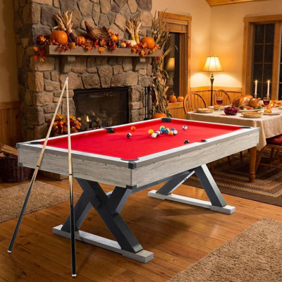 7 Foot Pool Table Set,Includes Billiard Balls,2 Cue Sticks,2 Chalks,Cleaning Brush,Modern Billiards Table with K-Leg,Red Cloth,Rustic Grey for Game Room,Rrec Room,Basements,84" L x 46" W x 32" H.