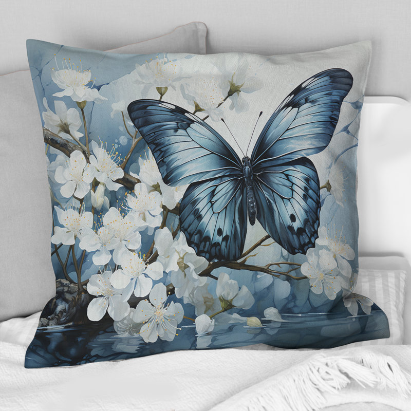 Coussin décoratif à imprimé papillon bleu et blanc