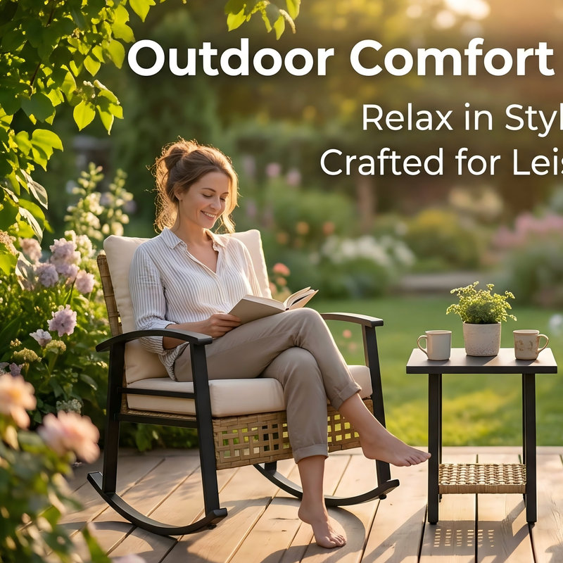 Outdoor Rocking Chair Set, 3-Piece Rocking Bistro Set with 2 Rocking Chairs and 2-Tier Side Table, Metal Top PE Rattan Patio Seating for 2