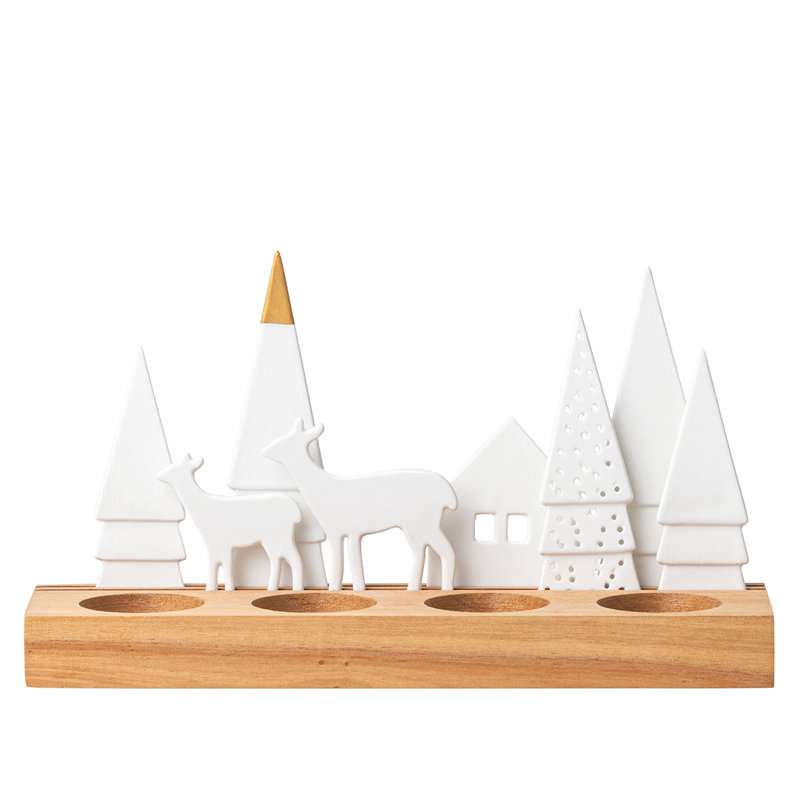 Porcelain & Wood Holiday Tealight Holder Set