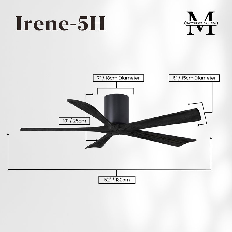 60" Irene 5-Blade Hugger Ceiling Fan with Wall Remote, Matte Black, Matte Black, 52"