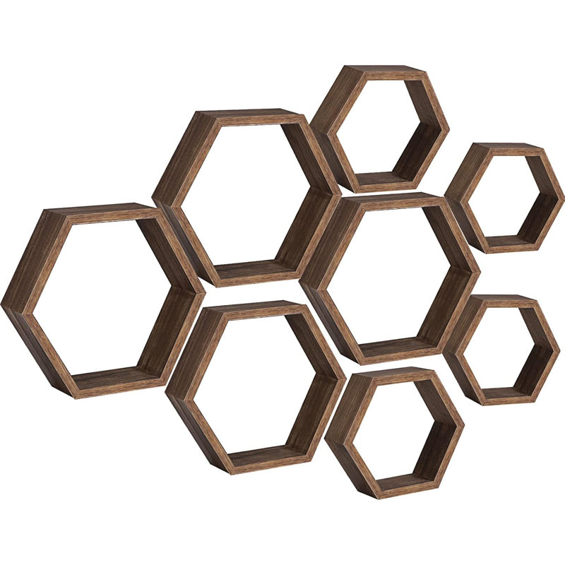 Hexagon Floating Shelves Set Of 8 - Farmhouse Honeycomb Wall Shelf For Storage And Display - Wall Mounted Rustic Wood Shelving For Bathroom, Kitchen, Bedroom, Living Room