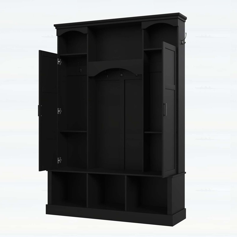 Classic All-in-One Hall Tree with Adjustable Shelves,Storage Bench with Dual Side Cabinets, Black