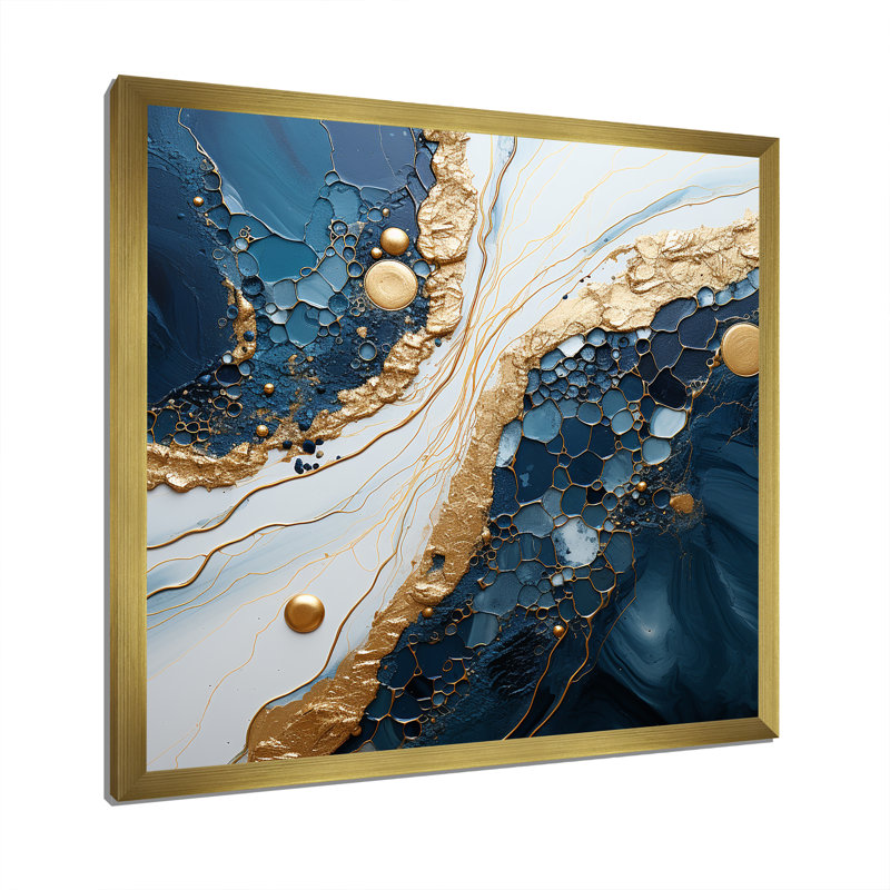 Art abstrait doré et bleu liquide IV - encre liquide abstraite, art mural, Cadre doré simple, H 36 po x l 36 po x P 1,5 po