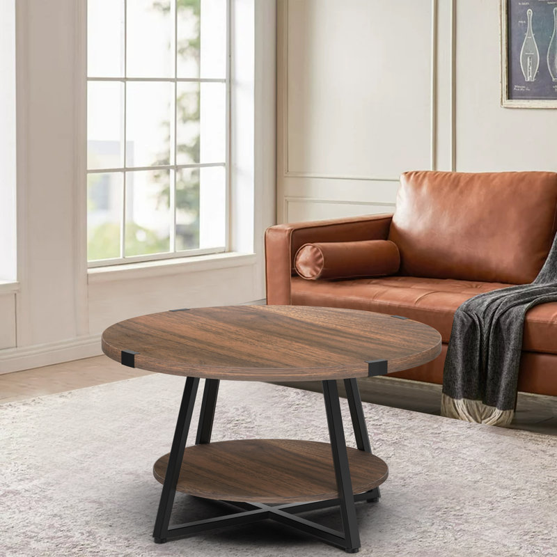 Jahaira Round Coffee Table with 2-Tier Storage Shelves, Dark Walnut