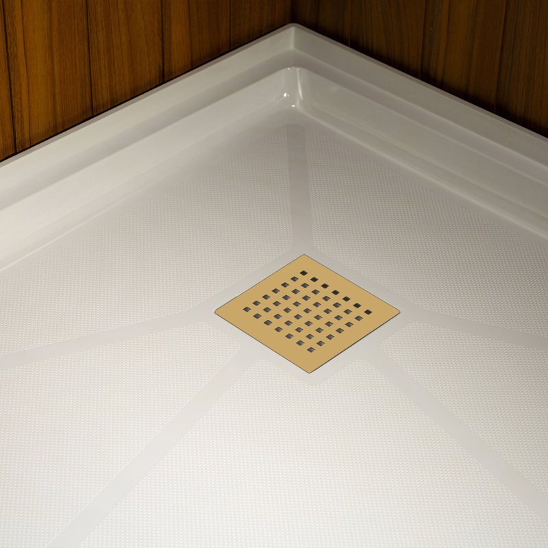 Pont en bois 38 po X 38 po Couvercle de drain de base de douche à surface solide Neo-Angle, Or brossé / blanc