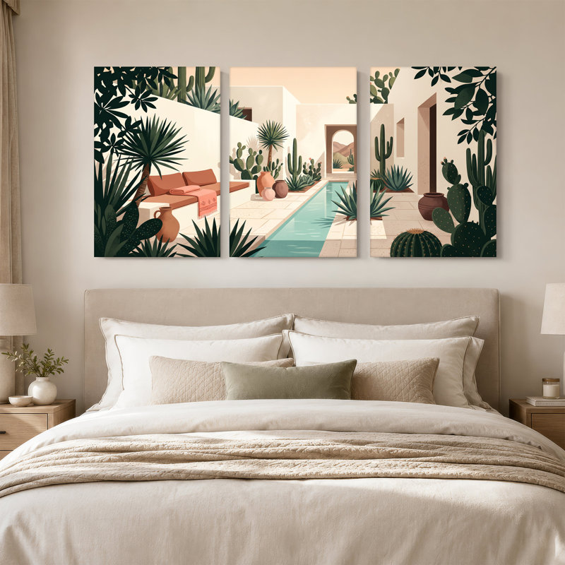 «Desert Cacti and Agave in Courtyard», ensemble de 3 toiles sur toile, H 24 po x l 16 po x 3 pièces
