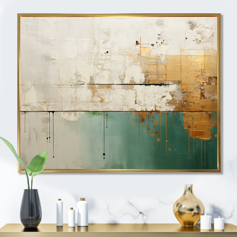 Minimalisme doré et bleu sarcelle horizon II - art abstrait sur toile, Cadre flottant doré, H 34 po x l 44 po x P 1,5 po