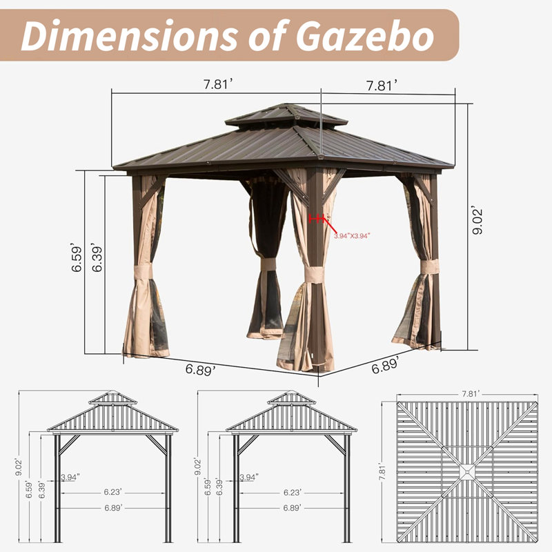 8' X 8' Hardtop Gazebo, Aluminum Metal Gazebo With Galvanized Steel Double Roof Canopy, Curtain And Netting, Permanent Gazebo Pavilion For Patio, Backyard, Deck, Lawn,Brown