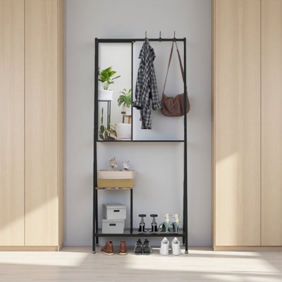 Coat Rack With Mirror, Multifunctional Hall Tree With Shoe Storage, Aluminum Frame, For Living Room Bedroom 73X32x15 Inches, Industrial Style