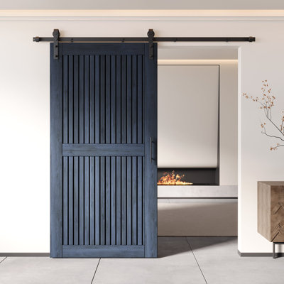 Homacer Navy 30in x 80in Unassembled & Finished Vertical Stripe Design Barn Door with Non-Bypass Installation Hardware Kit, 5.5ft track, interior use only