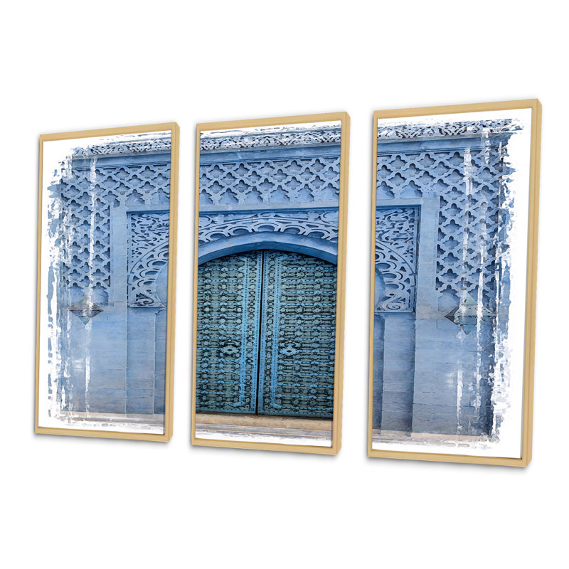 Porte d'entrée traditionnelle en bois marocain traditionnel - ensemble d'art mural sur toile encadré traditionnel de 3, Brun