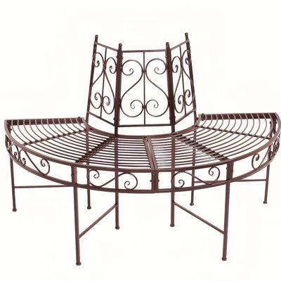 Half Round Wrought Iron Tree Bench, Rustic Brown Outdoor Curved Seat Bench with Scrollwork, Weatherproof Garden Patio Tree Bench for Backyard, Park, Lawn, Holds 2-3 People