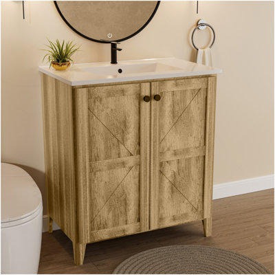 30Inch Antique Grey Folding Floor Cabinet With Ceramic Sink– Patented 1-Minute Install, Space-Saving & Easy Assemble,American Style
