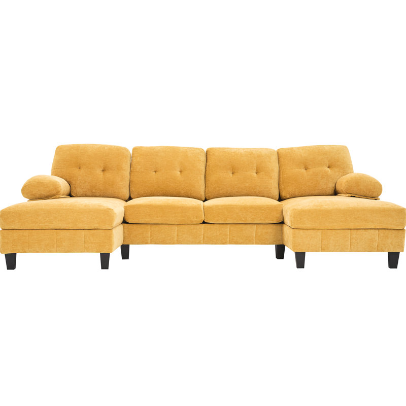Canapé jaune en forme de U avec double méridienne, poches de rangement pratiques et coussins d'accoudoirs confortables pour les siestes de l'après-midi