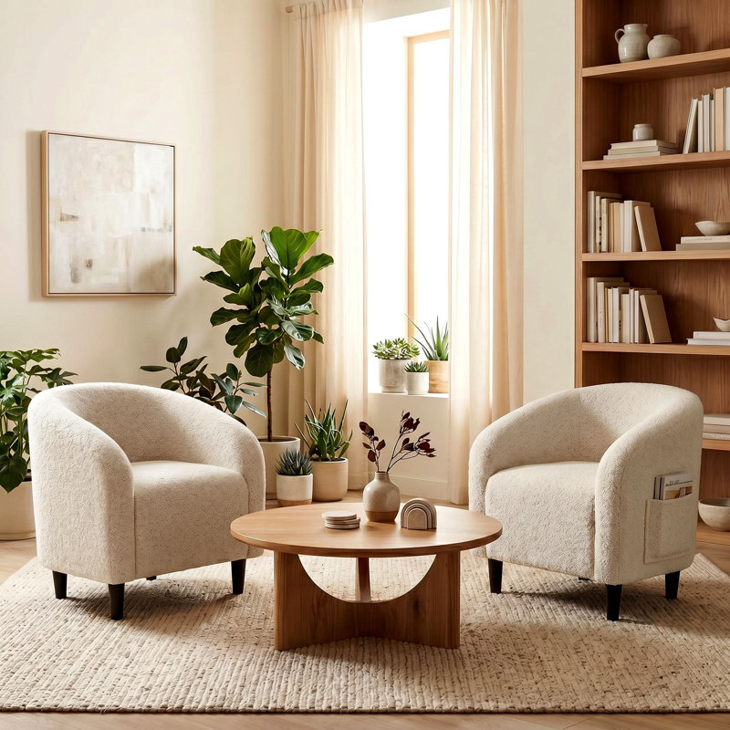 Accent Barrel Chair, Modern Furry Teddy Fabric Club Chair, Upholstered Armchair With A Side Pocket For Living Room/Bedroom/Reception Room, Teddy White