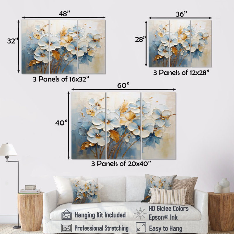 Ensemble de salon art mural blanc et bleu Pansies Garden I - Pansies, Toile tendue, H 28 po x l 36 po x P 1 po