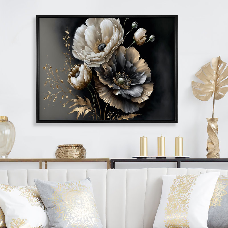 «Gray Gold Flower Bouquet III», reproduction sur toile, H 30 po x l 40 po x P 1,5 po, Toile avec cadre flottant noir