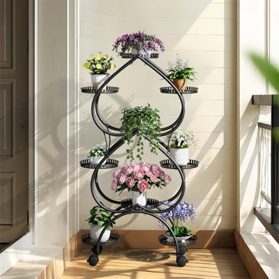 6 Tiers Metal Plant Stand 9-Potted With Wheels Mobile Garden Stand For Patio, Balcony, Backyard by Arlmont & Co.