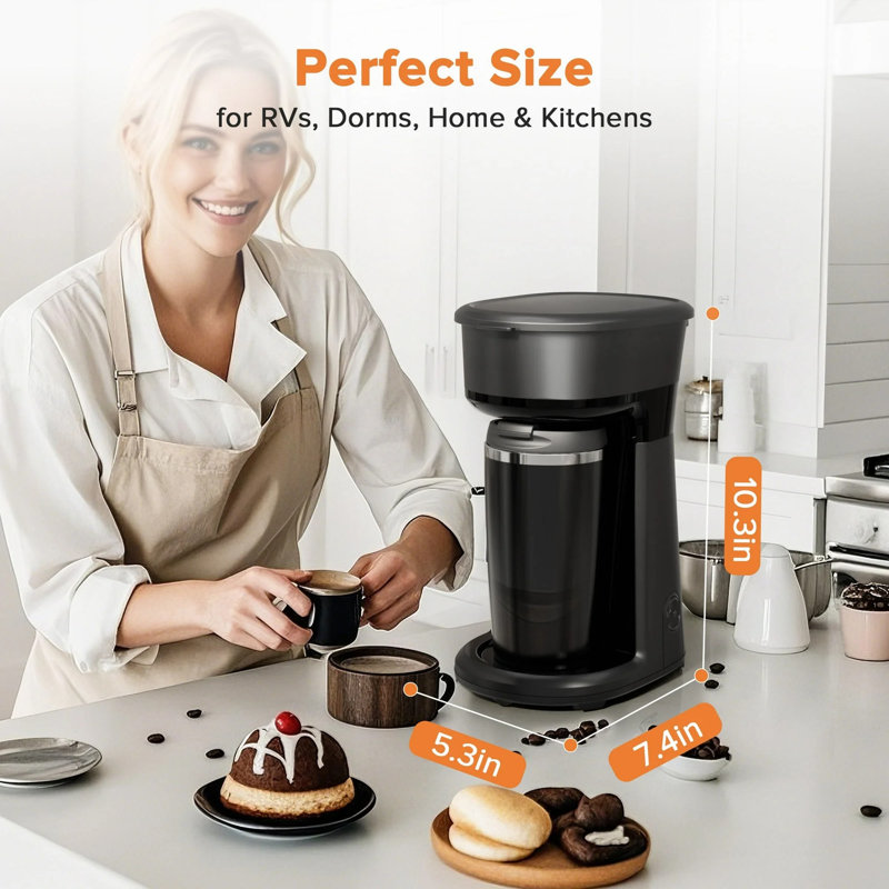 Mini Single-serve Coffee Maker With 14-oz Thermal Travel Mug, Reusable Filter, And Portable Design