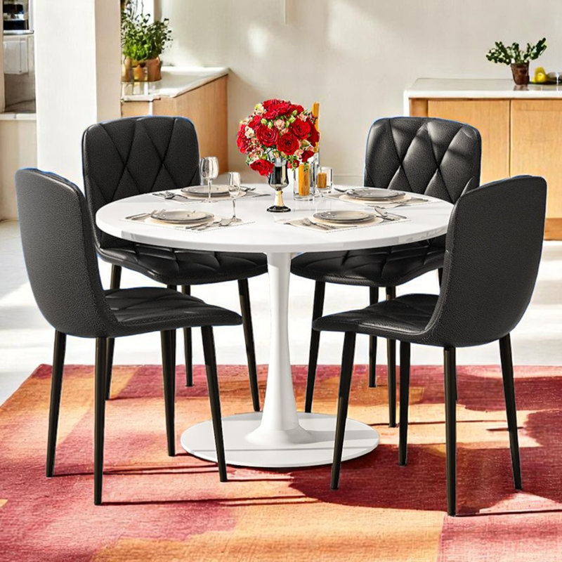 Ensemble de table de salle à manger Mid-Century moderne avec 4 chaises - table de salle à manger ronde blanche, sièges rembourrés et base en métal élégante pour les petits espaces, la cuisine ou le coin-repas
