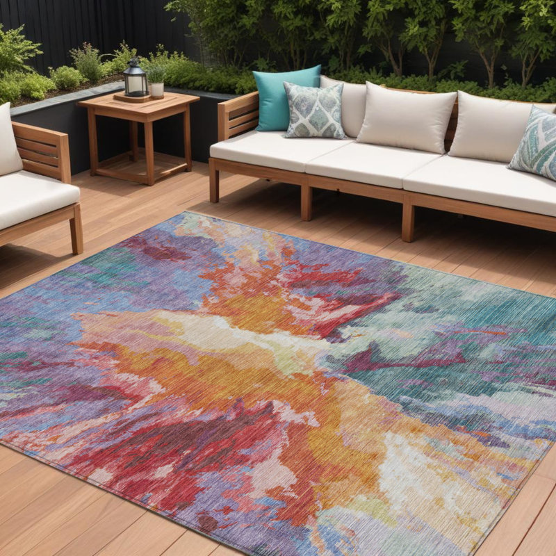 Tapis intérieur lavable abstrait rouge orange et bleu sarcelle 9 pi x 12 pi