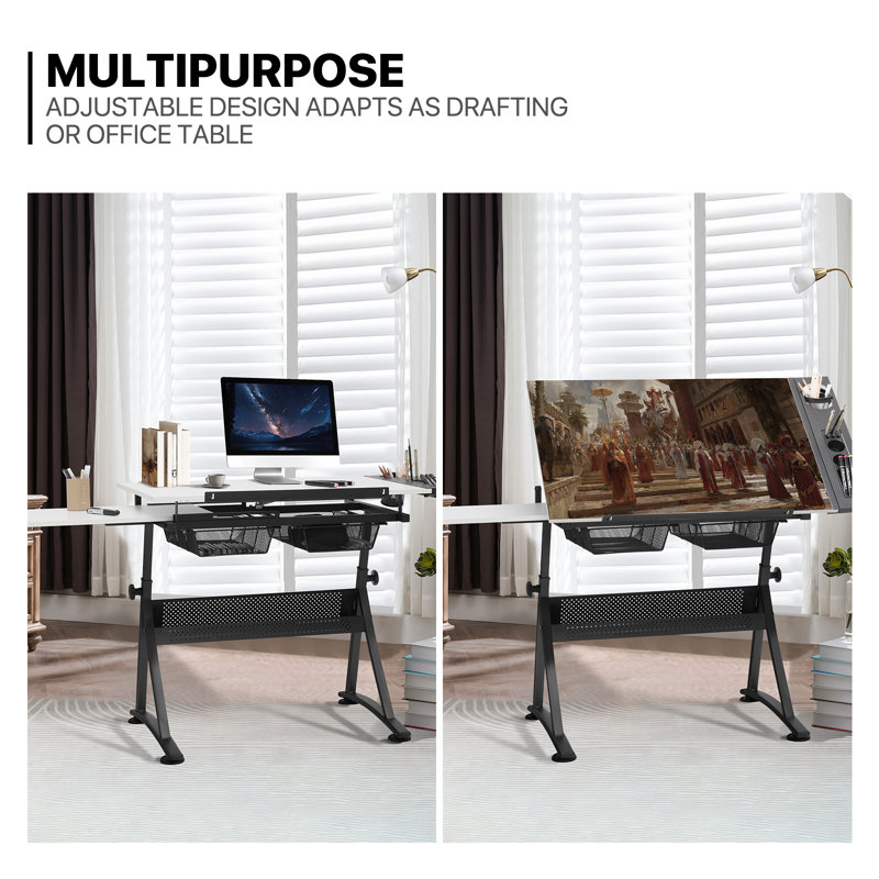 Craft and Drawing Table Workstation with Stool, Drafting Table with Slide-Out Tabletop and Drawers