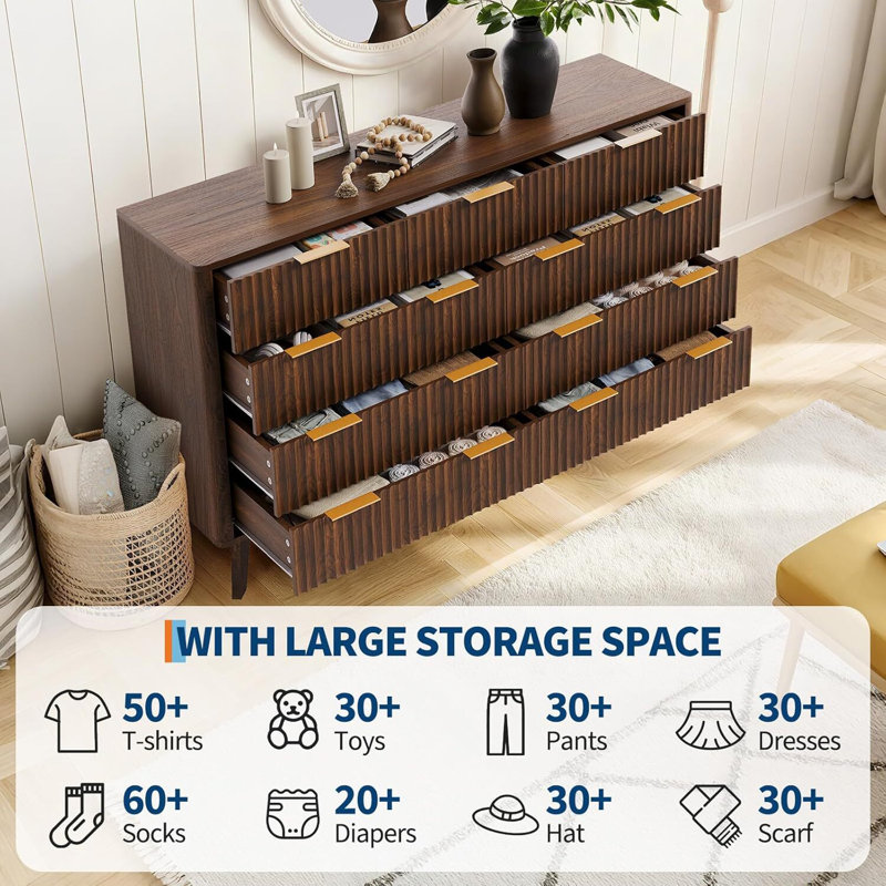 54in Wide 9 Drawer Dresser Wooden Chest of Drawers with Fluted Wave Pattern Metal Handles Modern TV Stand Dresser with Curved Profile Walnut Brown