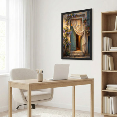 Art mural sur toile noir encadré pour le salon, la chambre à coucher, le bureau ou le vestibule - décoration murale décorative avec porte florale